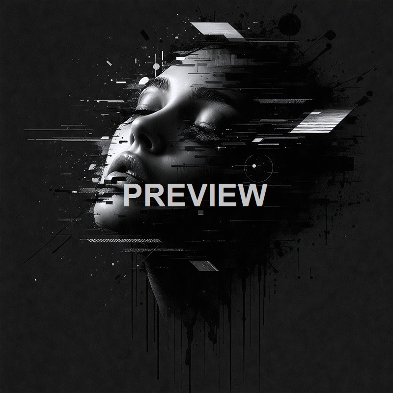 A digital artwork of a woman's face in black and white, with a glitch effect and abstract digital distortion elements around her features.